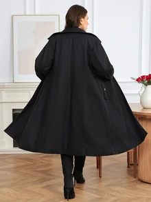 Easowa Curve Plus Size Women's Solid Color Lapel Neck Long Sleeve Casual Wool Blend Jacket - Black - View 2