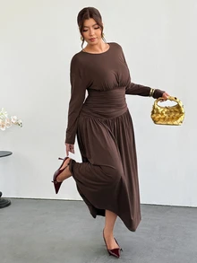 Firerie Plus Size Women's Solid Color Pleated Casual Party Dress - Coffee Brown - View 1