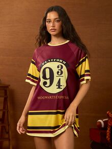 HARRY POTTER X SHEIN Women's Digital Print Striped Colorblock Short Sleeve Dress - Burgundy - View 3