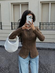 Modelyn Spring/Summer Lace Frog Button Gentle Date Elegant Fashion Versatile Slimming Women's Blouse - Coffee Brown - View 4