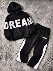 青少年男孩2件套黑色上衣秋季風格套裝，Dream字母圖案印花連帽衛衣與對比側條紋慢跑長褲運動套裝 - 黑色 - 查看 1