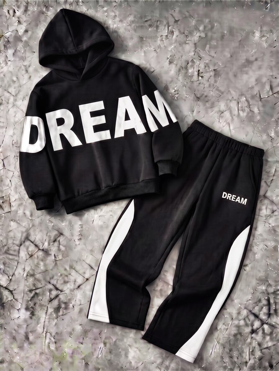 青少年男孩2件套黑色上衣秋季風格套裝,Dream字母圖案印花連帽衛衣與對比側條紋慢跑長褲運動套裝 - 黑色 - 查看 1