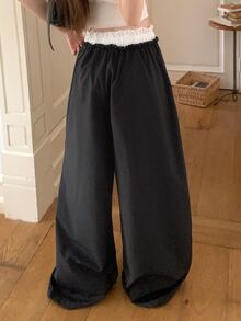 DAZY Women's Lace Patchwork Drawstring Waist Loose Fit Long Pants - Black - View 3