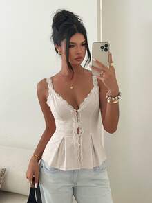 Aloruh Women's Elegant Casual Commute Top, Lace Trim Patchwork Solid Color Sleeveless Blouse, Summer - Khaki - View 7