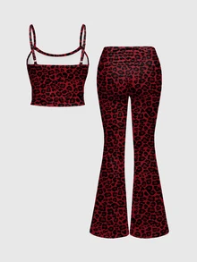 ROMWE Grunge Punk Dark Slogan Sexy Tank Top Camisole & Ruched Low Waist Flare Pants Women 2pcs Set - Red - View 2