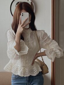 DAZY Women's Stand Collar Long Sleeve Single-Breasted Ruffle Hem Fashion Shirt - Apricot - View 1