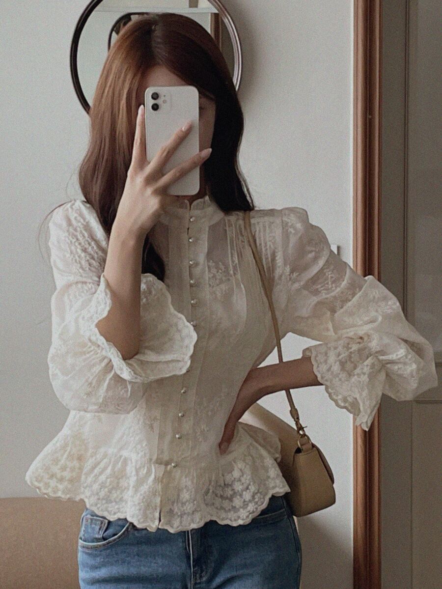 DAZY Women's Stand Collar Long Sleeve Single-Breasted Ruffle Hem Fashion Shirt - Apricot - View 1