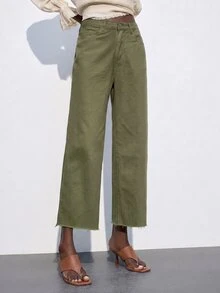 Maija 女款白色短版直筒牛仔褲 - 軍綠色 - 查看 4