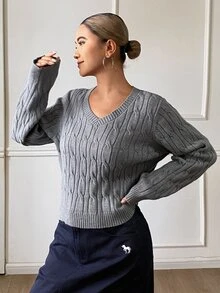 DAZY 女款純色寬鬆短版V領長袖麻花編織復古休閒韓風秋冬假休風套頭毛衣 - 灰色 - 查看 4