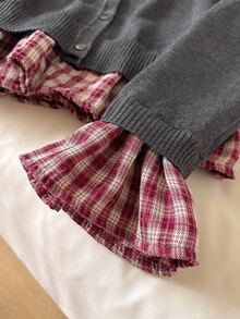 CosyJoli Women's Vintage Plaid Patchwork 2 In 1 Button Sweater - Dark Grey - View 3