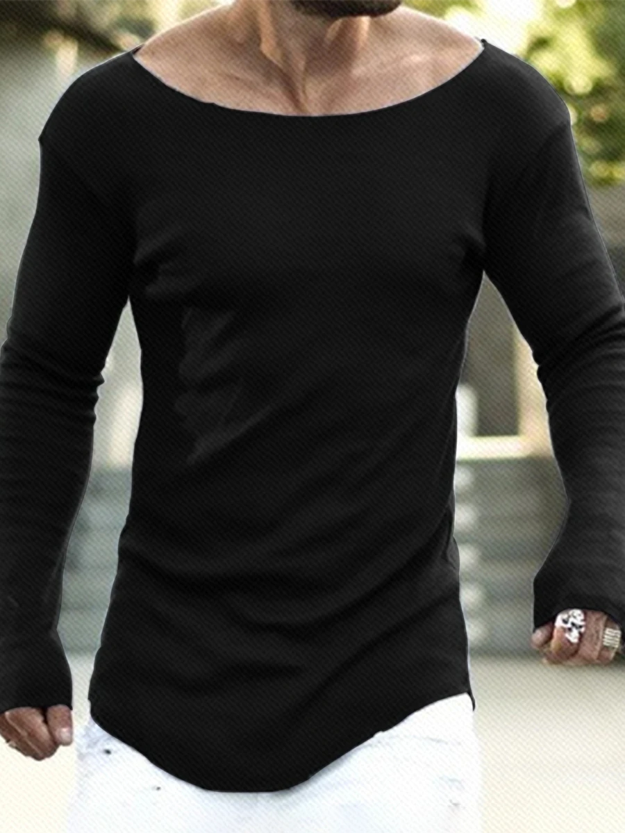 Manfinity Homme Men's Plus Size Solid Color Casual Long Sleeve T-Shirt For Daily Wear - Black - View 1