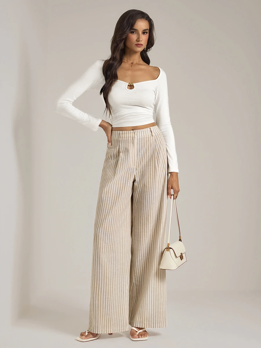 SHEIN Tall 高個女性適用復古風杏色條紋直筒長褲-休閒工作裝 - 棕色 - 查看 1
