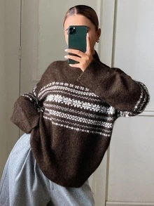 DAZY Women's Colorblock Pattern Jacquard Loose Long Sleeve Turtleneck Casual Vacation Korean Style Daily Autumn/Winter Pullover Knit Sweater - Brown - View 4