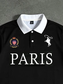 STYNVO 男士字母騎士圖案休閒日常 Polo 衫 - 黑色 - 查看 3