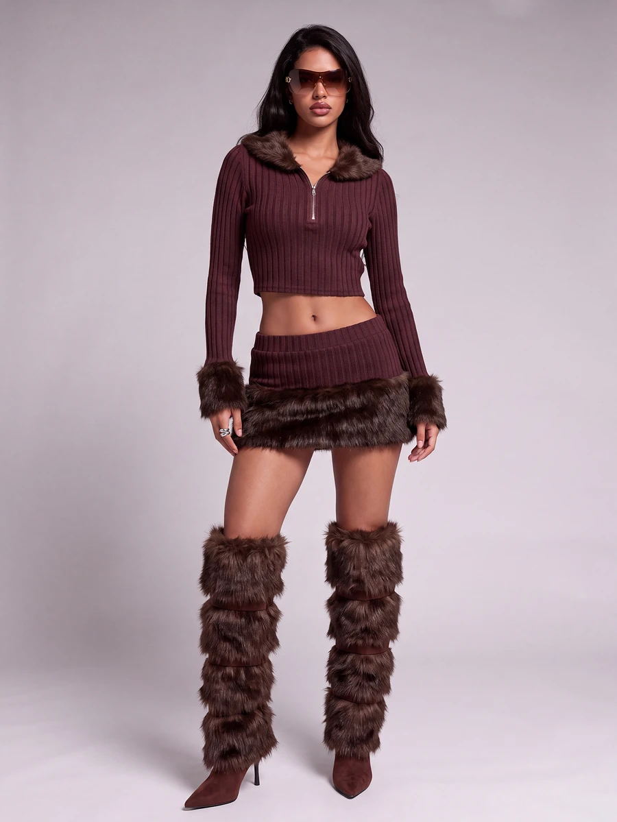 Nooralise Fashion Street Style Hot Girl Y2K Neckline & Cuff Faux Fur Patchwork Ribbed Half-Zip Front Women's T-Shirt - Coffee Brown - View 1