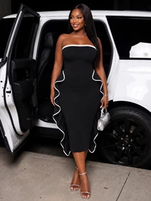 Poshavie Poshavie Plus Size Women Elegant High-End Colorblock Dress, Ruched Ruffle Strapless Dress, Suitable For Party, Ball, Shopping, Dating - Black - View 3
