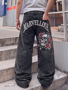 Manfinity EMRG 男士深灰色酸洗寬腿牛仔褲，復古龐克骷髏玫瑰圖案字母印花，寬鬆丹寧長褲，街頭風 - 黑色 - 查看 3