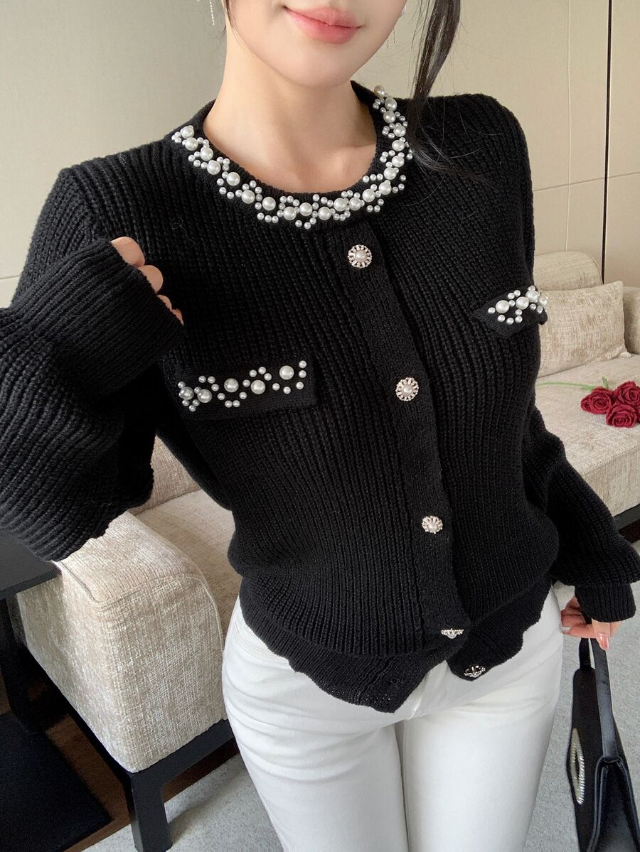 Modelyn Women's Faux Pearl Decorated Long Sleeve Single-Breasted Casual Knit Cardigan - Black - View 1