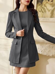 Vintamour Women's Elegant Commuter Jacket Dress Suit Set - Dark Grey - View 5