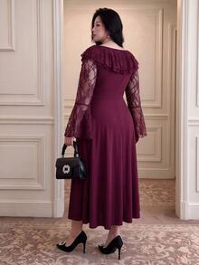 Vibekara Gaun Pesta Wanita Elegan Model A-Line Lengan Panjang Warna Burgundy untuk Musim Semi, Gugur, dan Musim Dingin. - Red Violet - View 2