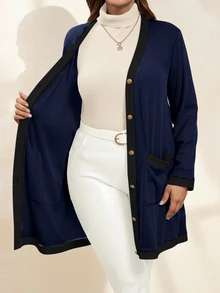 Chikora Plus Size Women Elegant & Comfortable Metal Button Closure Long Warm Cardigan, Black & White - Navy Blue - View 3