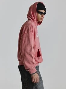 Oversized Washed Base Hoodie Front "MUSERO" Graphic Kangaroo Pocket Autum Winter Essentials - Pink - View 4
