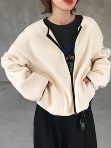 FRIFUL 女款舒適時尚拉鍊長袖口袋夾克，適合日常穿著，秋季款 - 杏色 - 查看 1