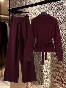 SHEIN Franclia Women's Basic Minimalist Fashion Commute Polo Collar Asymmetrical Hem Sweater 2 Pieces Set - Burgundy - View 3