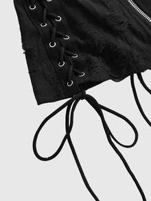 ROMWE Grunge Punk Dark Wanderer Punk Hollow-Out Lace-Up Black Textured Knit Women's Jacket - Black - View 3