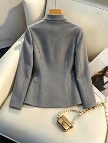 SHEIN PariChic Chinese Style Grey Stand Collar Wool Jacket Women, Asymmetrical Button Closure, Slim Fit, Elegant Short Top Cheongsam Collar Office Dinner Autumn - Grey - View 2