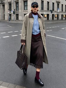 Struktiv Jaket Trench Coat Panjang Abu-Hijau untuk Wanita, Pakaian Kasual Sehari-hari, Musim Gugur/Dingin - Hijau - View 4