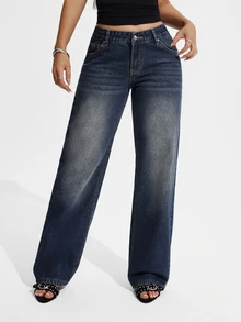 Jeanoix Fall Casual Y2K Low Rise Wide Leg Blue Denim Going Out Washed Comfortable Plus Size Jeans For Women - Dark Wash - View 4