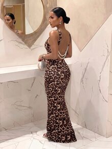 Slaydiva Women Leopard Print Halter Twist Mermaid Evening Dress Pearl Chain Backless Formal Gown Prom Holiday Party New Year Wedding Guest Holiday - Multicolor - View 8