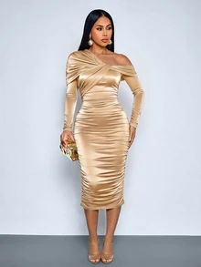 SOLERSUN Women's Asymmetric Off Shoulder Draped Ruched Midi Bodycon Dress Daily Elegant Party Evening - Khaki - View 5