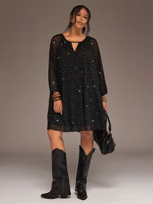 Freevana Plus Size Elegant Black Sheer Mesh Sparkly Rhinestone V Neck Long Sleeve Flowy Evening Dress - Black - View 5