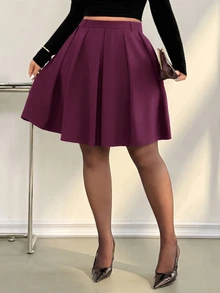 Auralis 春秋新款灰色系女款辦公通勤百褶中長裙，大尺碼，優雅復古學院風美式風格 - 酒紅色 - 查看 5