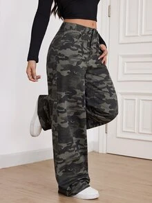 SHEIN Tall 女款迷彩寬腿寬鬆休閒牛仔褲，附口袋 - 軍綠色 - 查看 3