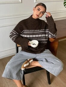 DAZY Women's Colorblock Pattern Jacquard Loose Long Sleeve Turtleneck Casual Vacation Korean Style Daily Autumn/Winter Pullover Knit Sweater - Brown - View 3