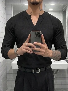 DAZY Spring/Autumn Solid Color Small V-Neck Opening Black Textured Fabric Men's T-Shirt - Black - View 6