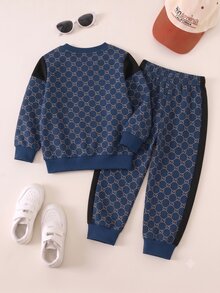 SHEIN 男嬰全印字母圖案圓領運動衫與運動長褲 2 件套裝 - 彩色 - 查看 2