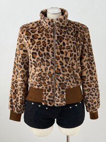 Sunspun Small Stand Collar Leopard Print Plush Short Thick Jacket Winter - Brown - View 3