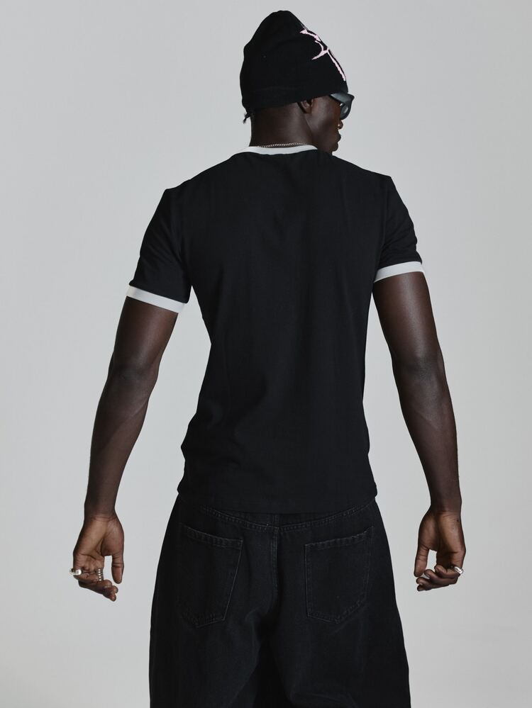 Muscle Fit Ringer Tshirt Front "Musero" Gaphic Contast Crew Neckline Autum Winter Essentials - Black and White - View 5