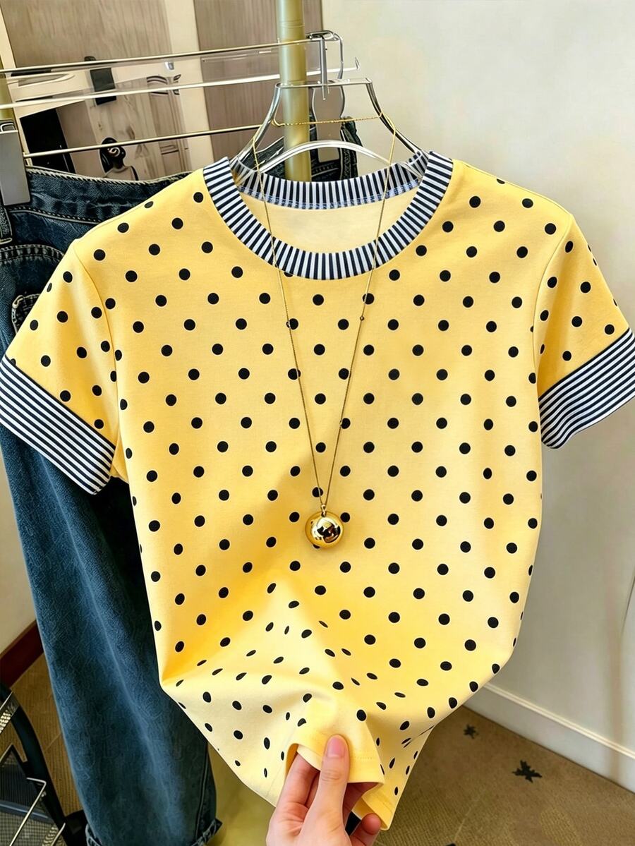 EMERY ROSE Women's Polka Dot & Striped Print Casual Round Neck Short Sleeve T-Shirt - Multicolor - View 1
