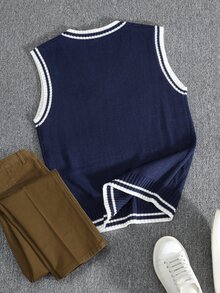 Manfinity Homme Men's Plus Size Contrast Trim Knit Vest - Navy Blue - View 2