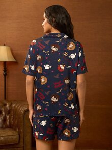 HARRY POTTER X SHEIN Women's Cartoon Print Button-Up Top And Shorts Pajama Set - Black - View 2
