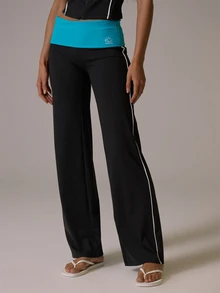Musera Sport Contrast Colour Foldover Waist Contrast Colour Piped Side Straight Leg Yoga Style Coord Pants Fall Autumn Winter Gym Active Pilates Motion - Black - View 2