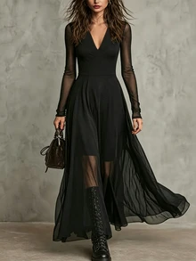 LUMIGAL Women's V-Neck Mesh Patchwork Dress - Black - View 1