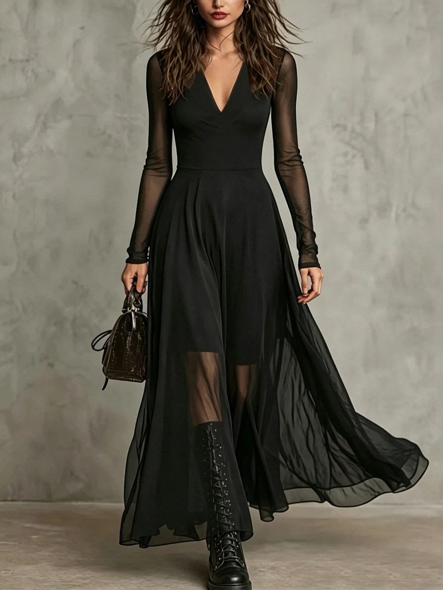 LUMIGAL Women's V-Neck Mesh Patchwork Dress - Black - View 1