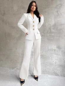 Firerie Women's Elegant Old Money Style Blazer Jacket And Slim Fit Flare Leg Pants Suit 2 Pieces Set - White - View 8