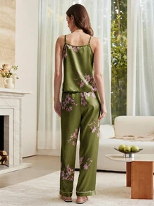 Moireta 女款花卉印花細肩帶上衣與長褲居家服套裝 - 綠色 - 查看 2